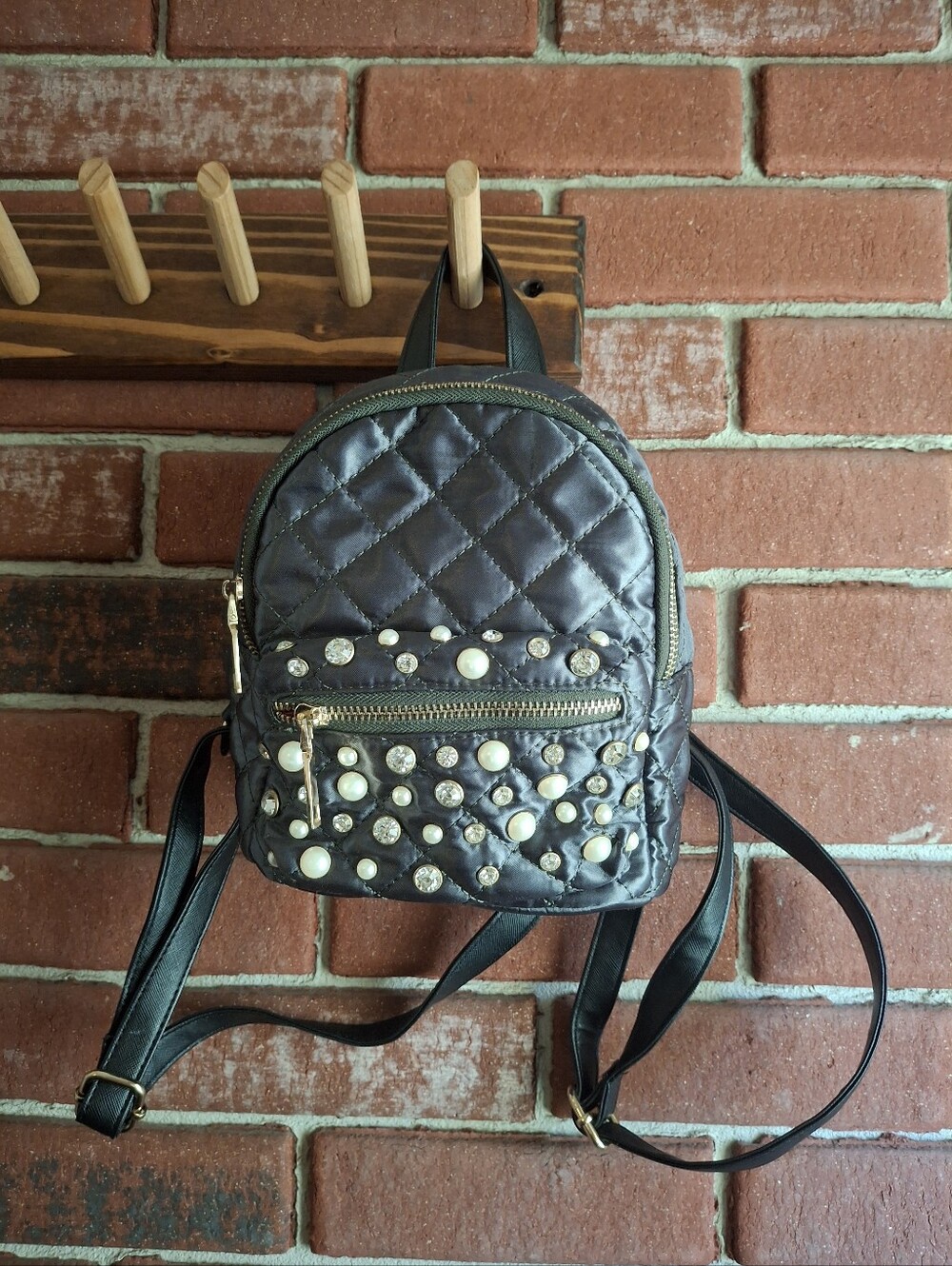 Quilted Pearl & Crystal Mini Backpack - Black